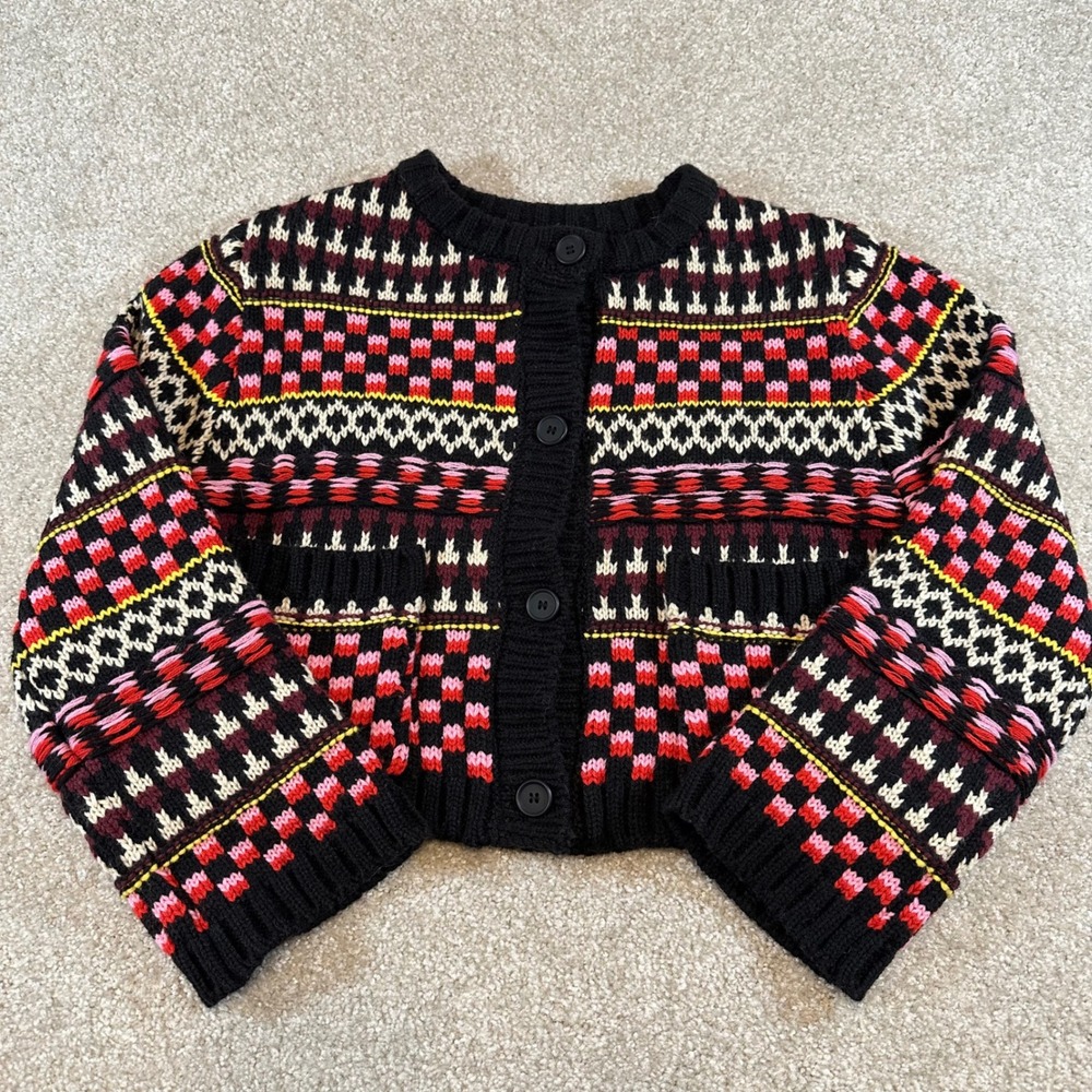 Industry Women Fair Isle Cropped Knit Cardigan Sweater Black Red Multi Size S